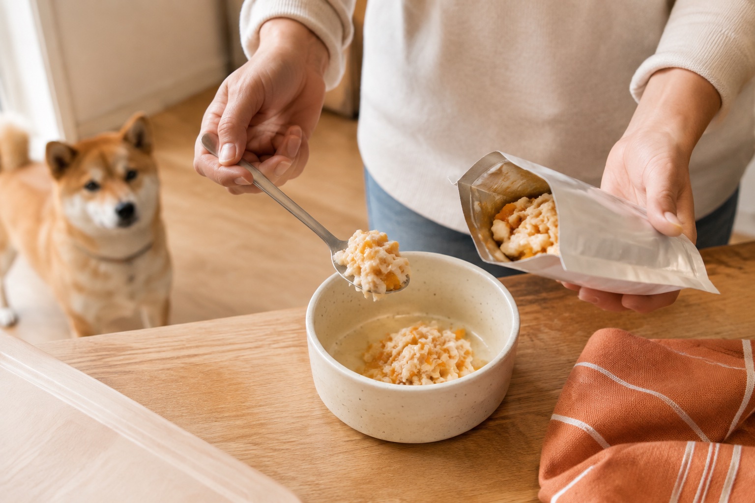 Pet parent serving a fresh meal from a pouch while a dog waits nearby
