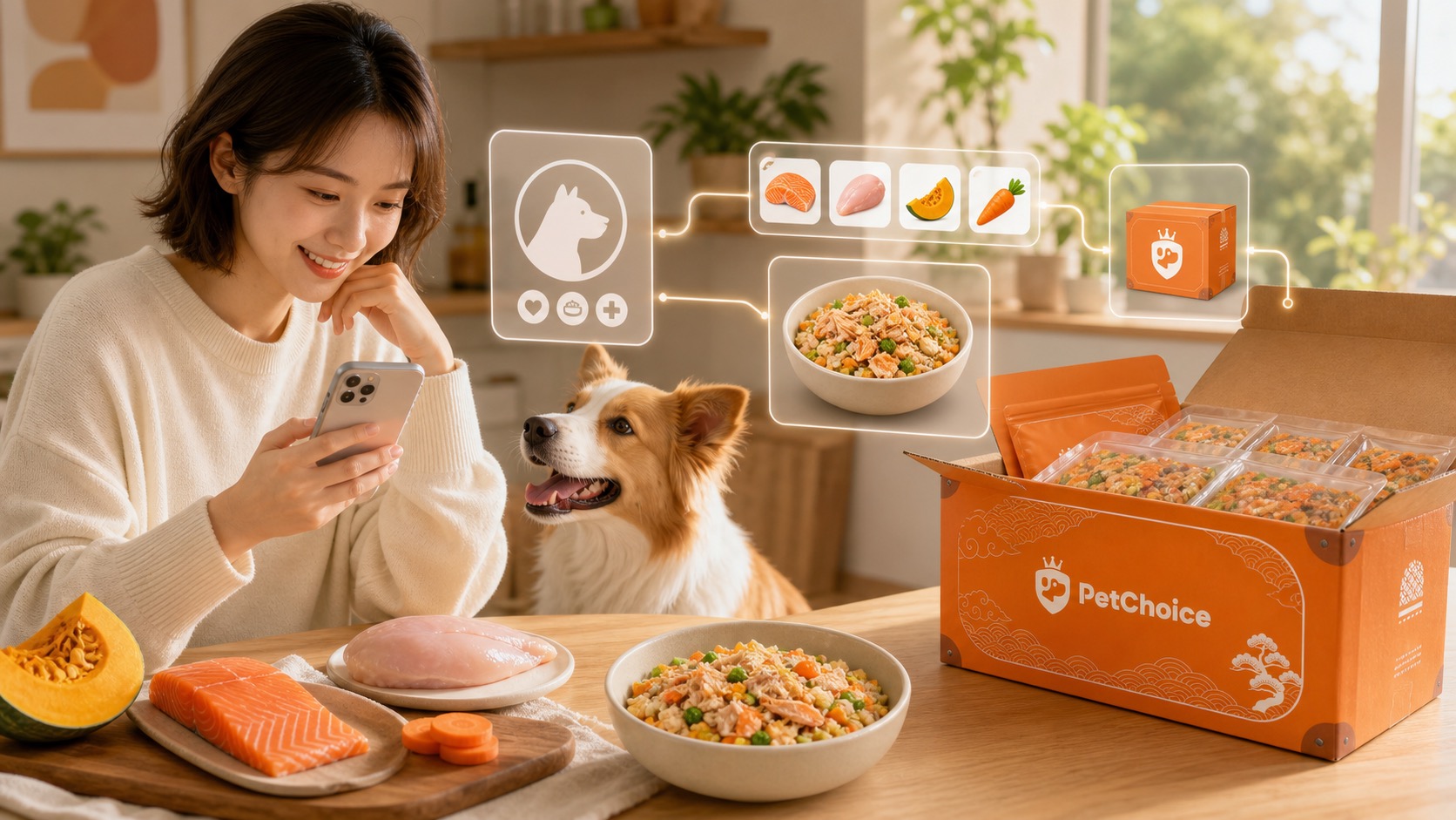 PetChoice personalized fresh dog food journey with owner, dog, app guidance and delivery box