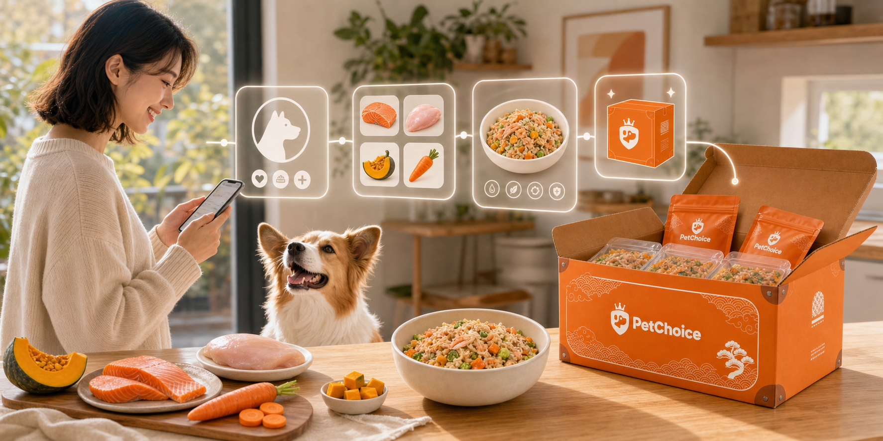 PetChoice three step subscription journey with phone, meal plan and delivery box