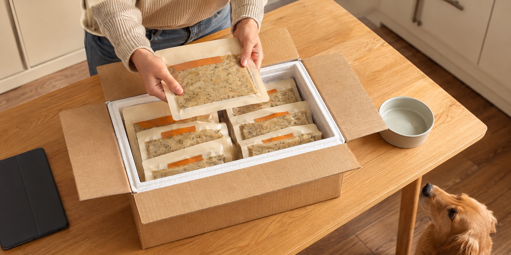 Pet parent unpacking individually portioned fresh meals from an insulated delivery box