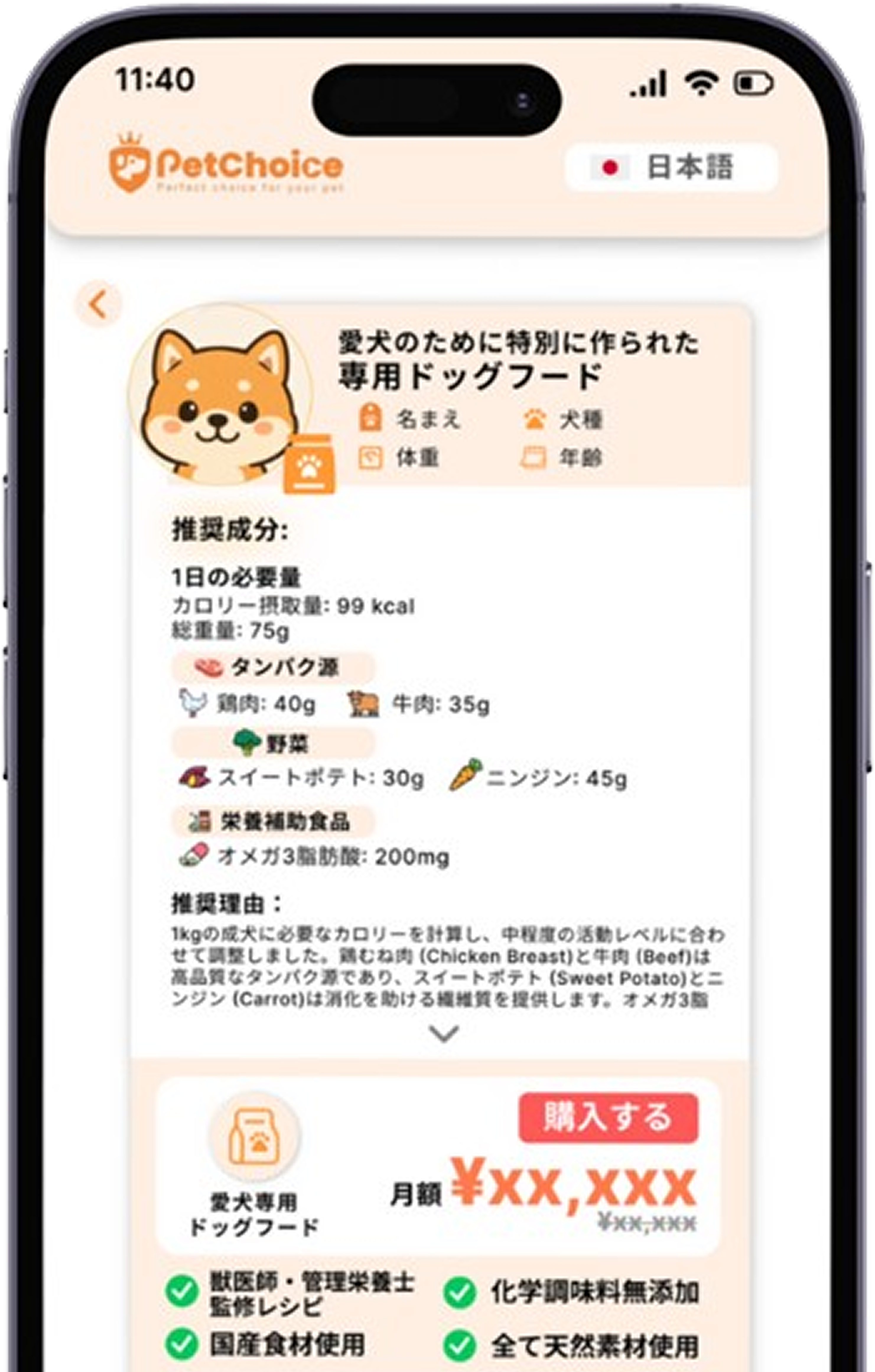 Dog with healthy food